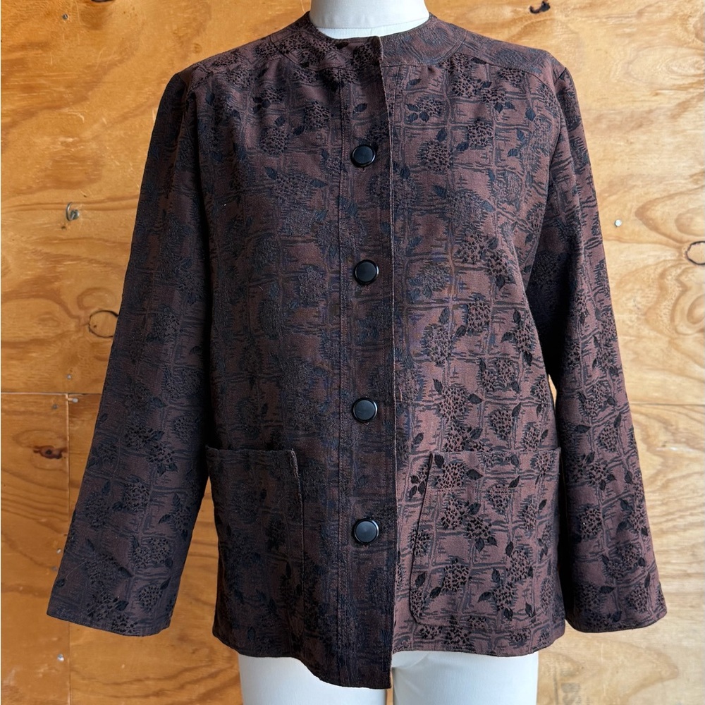 Vintage Textured Floral Jacquard Jacket Brown Black Button Front Blazer Medium